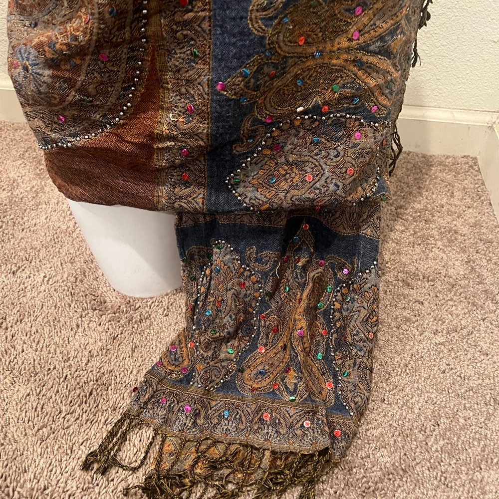 Raj Boho Embroidered & Sequined Long Sari Style Scarf Multicolor - Picture 4 of 6